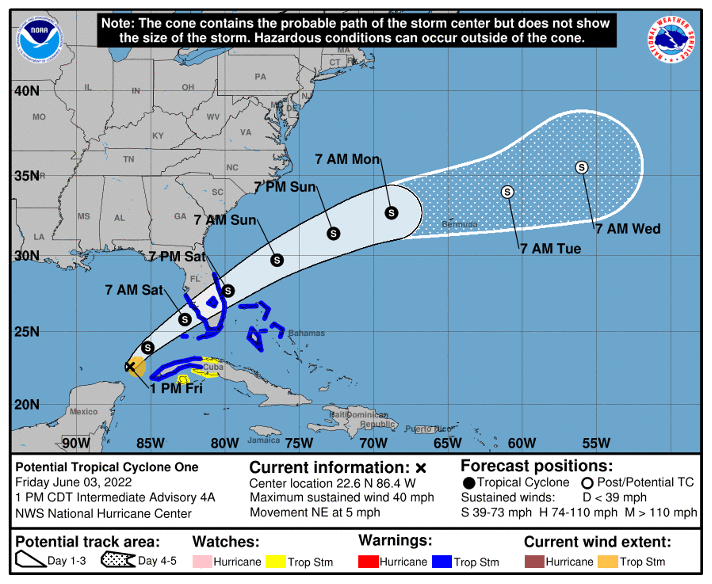Figure 1: National Hurricane Center (NHC) advisory for Potential Tropical Cyclone 1 (PTC 1) as of 2:00 pm ET. Tropical storm warnings are in place in western Cuba, southern and central Florida and the Bahamas.
