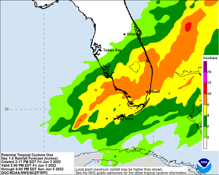 Figure 2: Potential rainfall depths over southern Florida. Some areas may see as much as 10 inches.