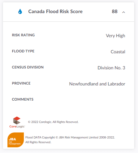 Screenshot of flood risk score
