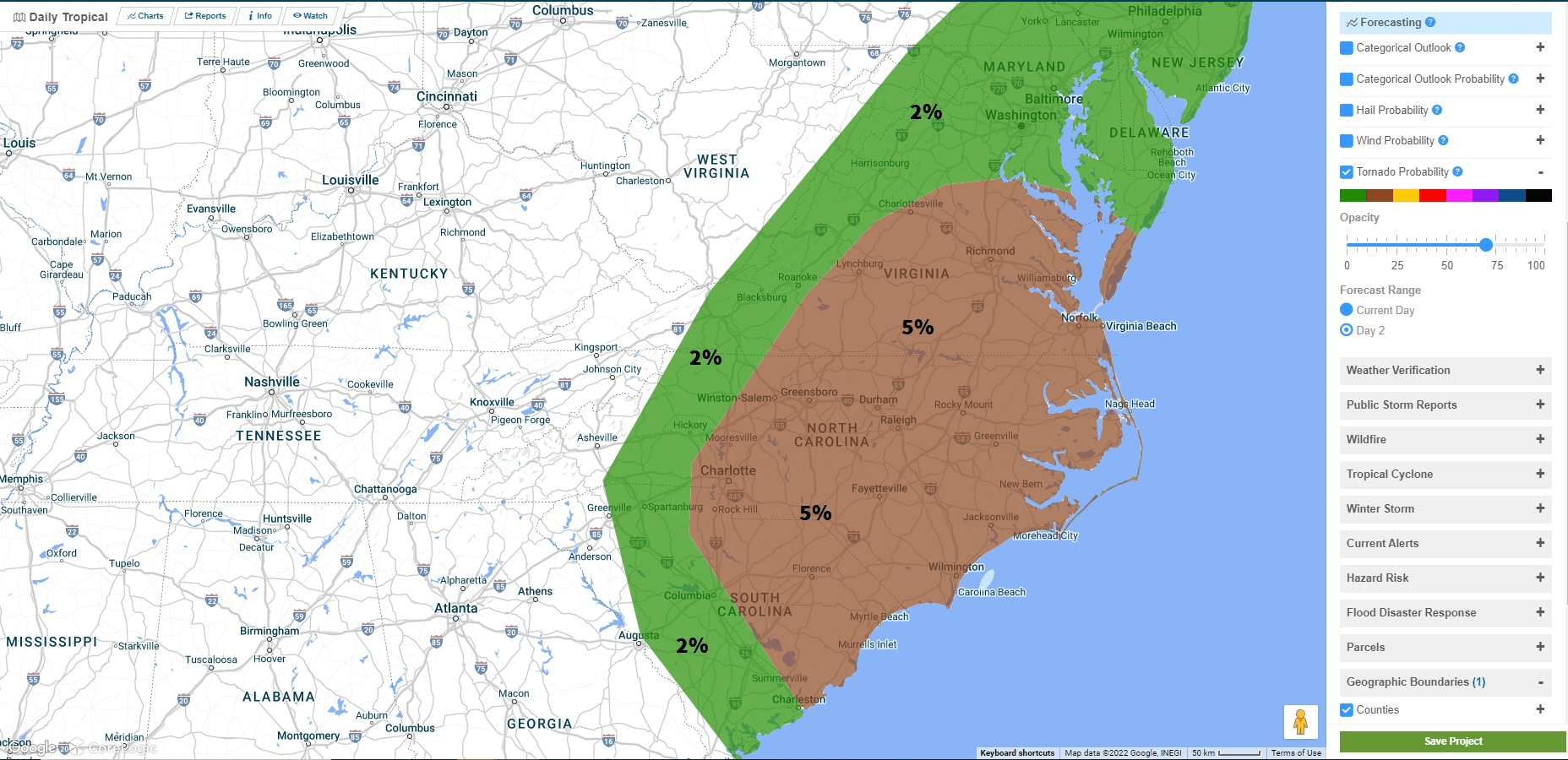 Figure 2: Tornado forecast for November 11. Percent chance of a tornado within 25 miles of any location