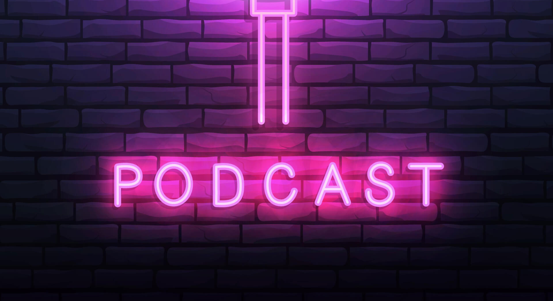 The word "podcast" in pink neon lights