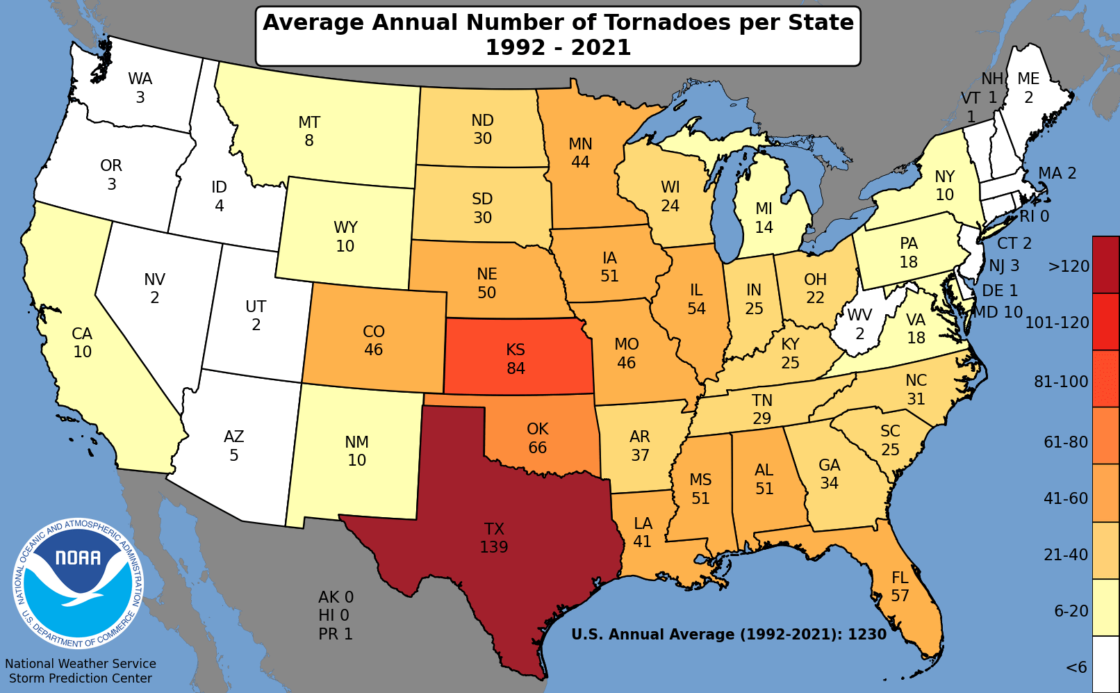 NOAA chart showing the average annual number of tornadoes per state from 1992 - 2021.