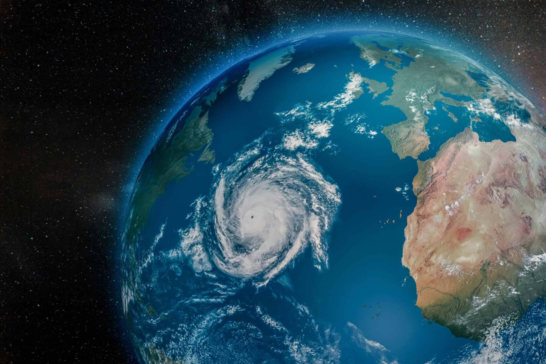 Aerial view from the space of a hurricane approaching the European coast. 3D Illustration