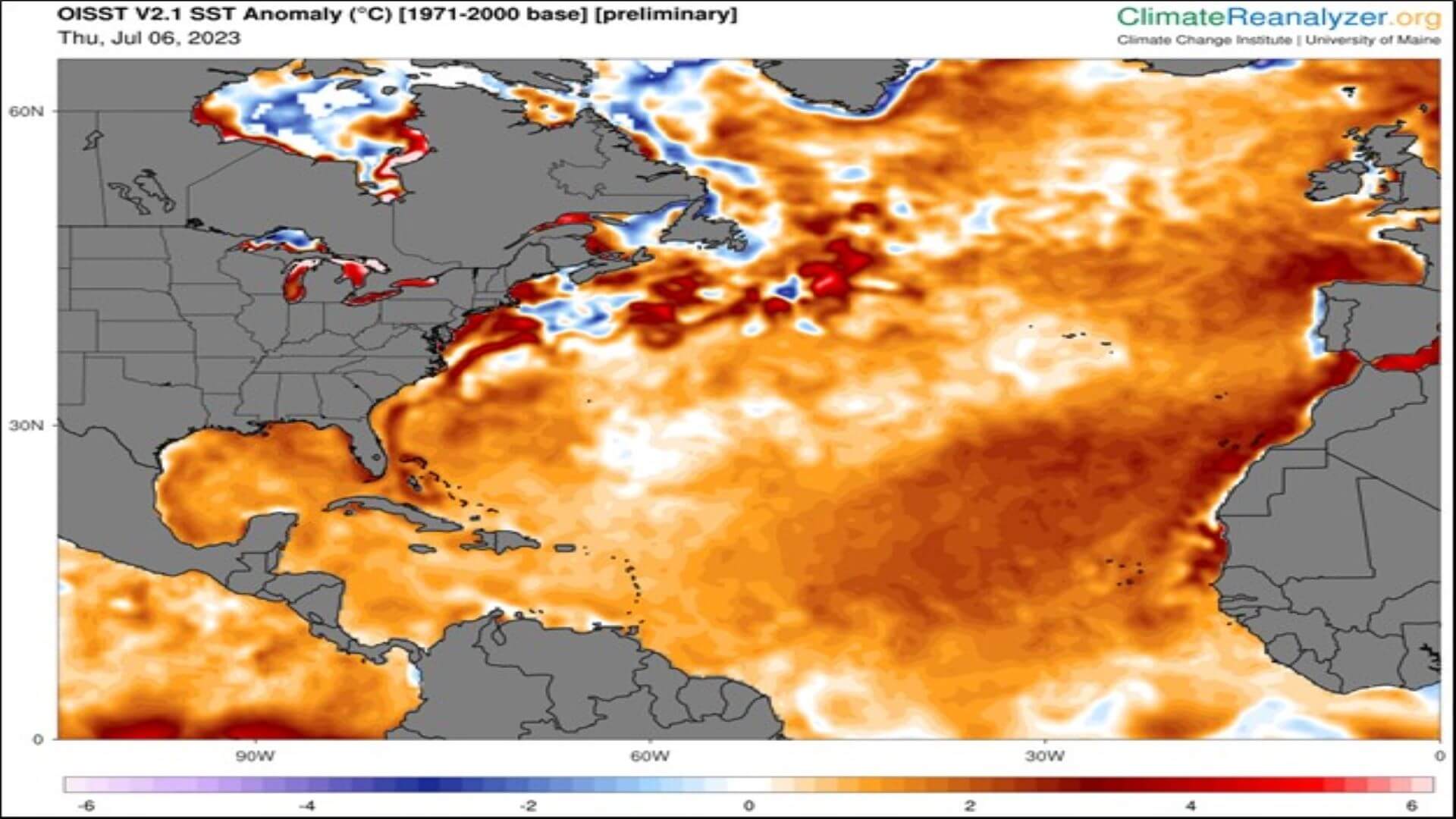 North Atlantic Ocean temperature SST Anomaly 