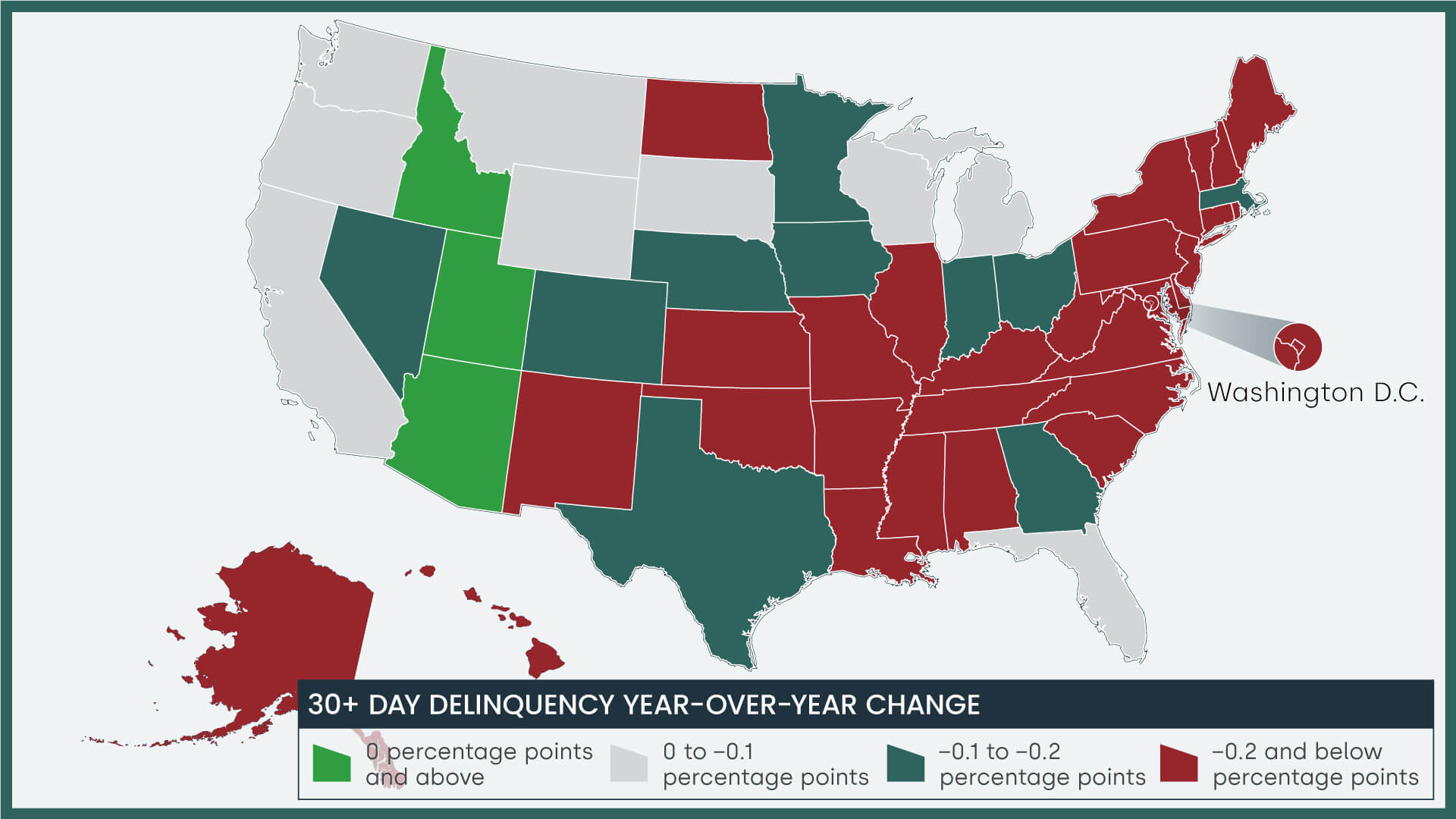 Year-over-year change in overall mortgage delinquency rate by all states and districts, June 2023