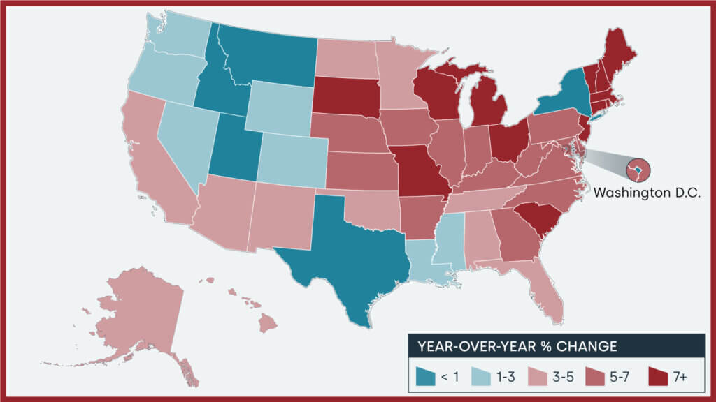 Year-over-year home price changes by state, October 2023