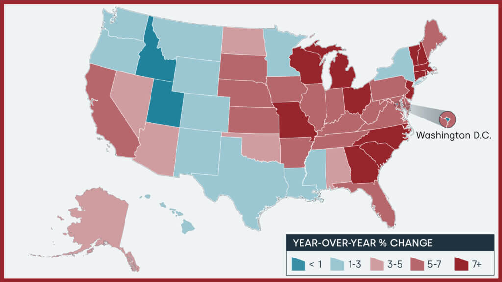 Year-over-year home price changes by state, November 2023