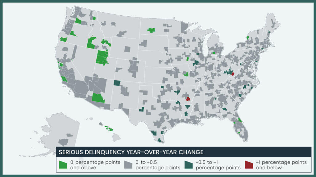 Year-over-year change in serious mortgage delinquency rate by metro area, November 2023