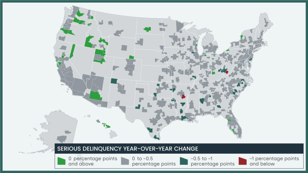 Year-over-year change in serious mortgage delinquency rate by metro area, October 2023