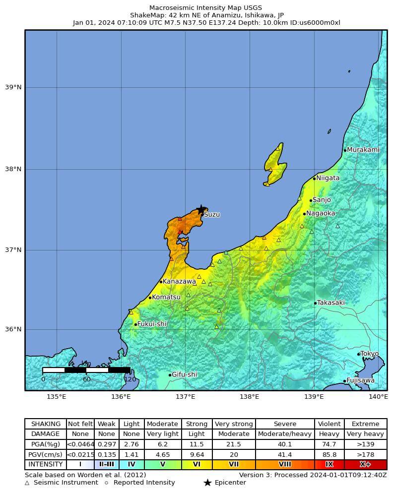 Seismic intensity map for the Mw 7.5 earthquake in western Japan
