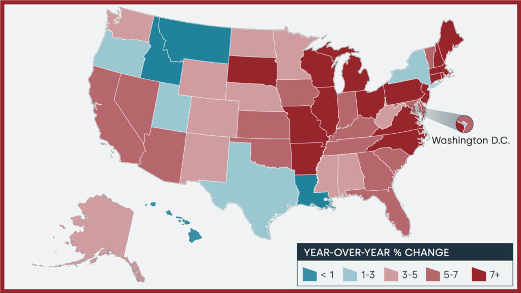 Year-over-year home price changes by state, January 2024